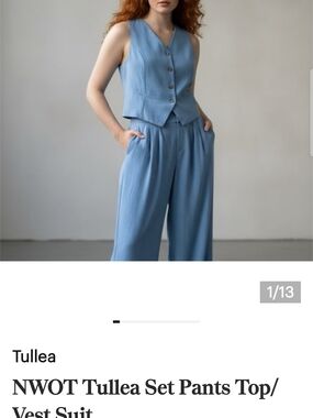 Tulle Powder Blue Sleeveless Button Vest & Wide-Leg Pants Set
